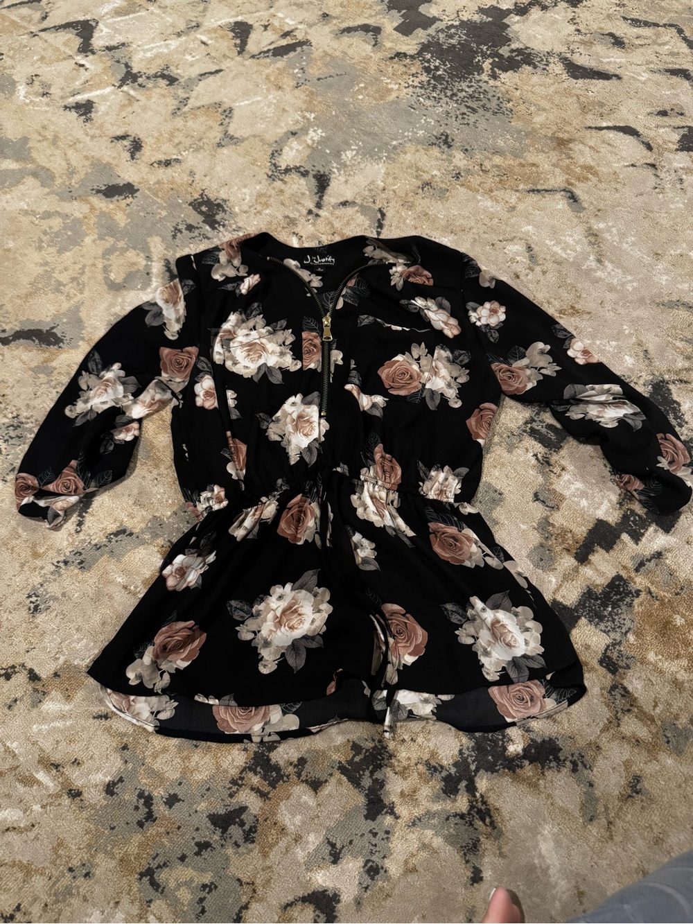 J for Justify Black Floral Zip Romper with Blush and Cream Roses